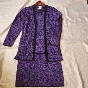 Misook 3pc Knit Set Jacket Tank Skirt Animal Print Women’s Size XS Purple Black